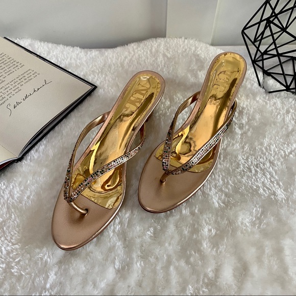 Block Low Heel Sandals Rhinestone Thong Slippers - Picture 3 of 9